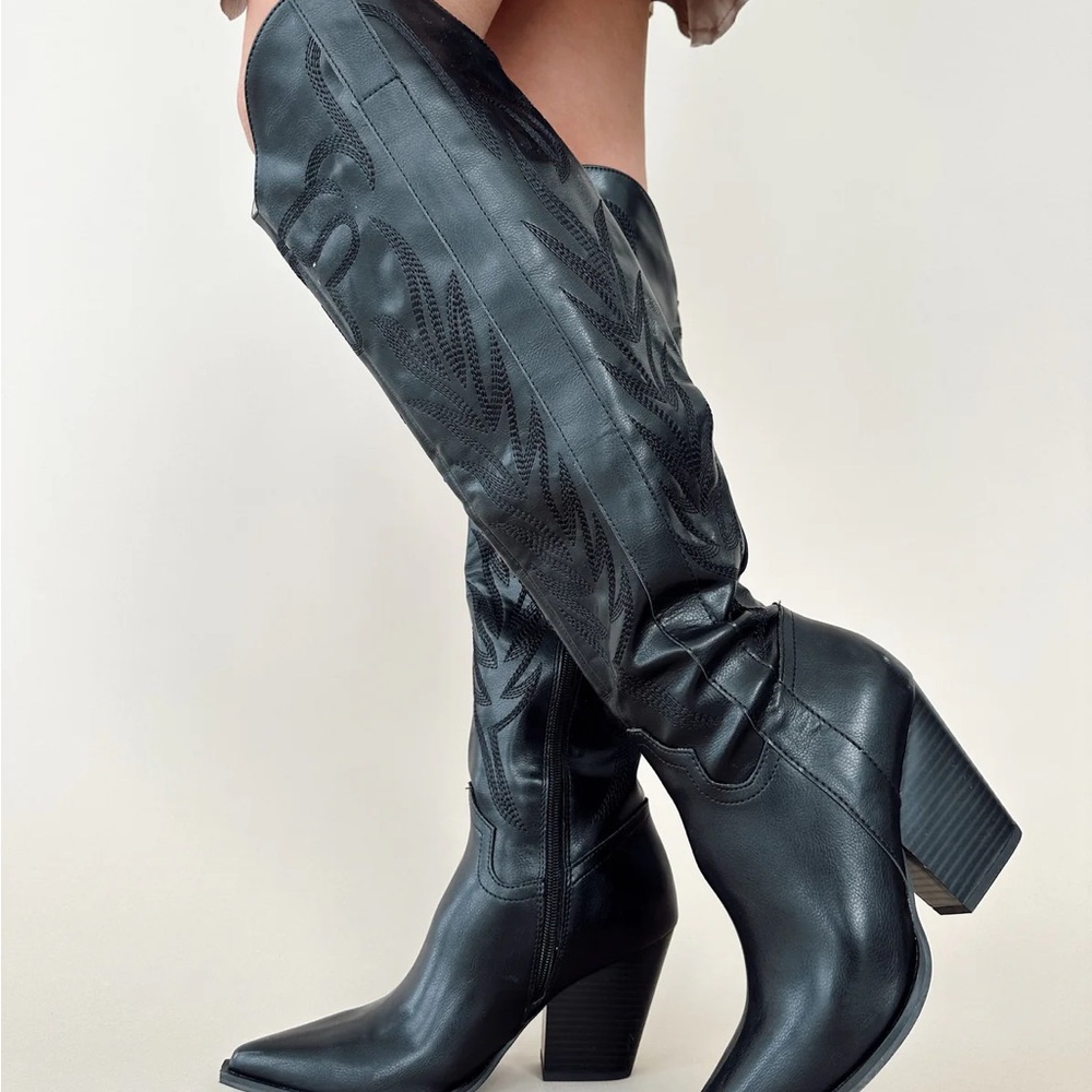 Black Over the Knee Boots with Slouchy Shaft and Block Heel